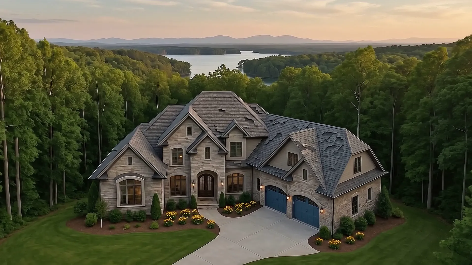 Fit Roofing transformation sequence: an aerial view of a stone Kentucky-lake home's storm-damaged roof, transforming into a brand-new architectural-shingle roof as you scroll.