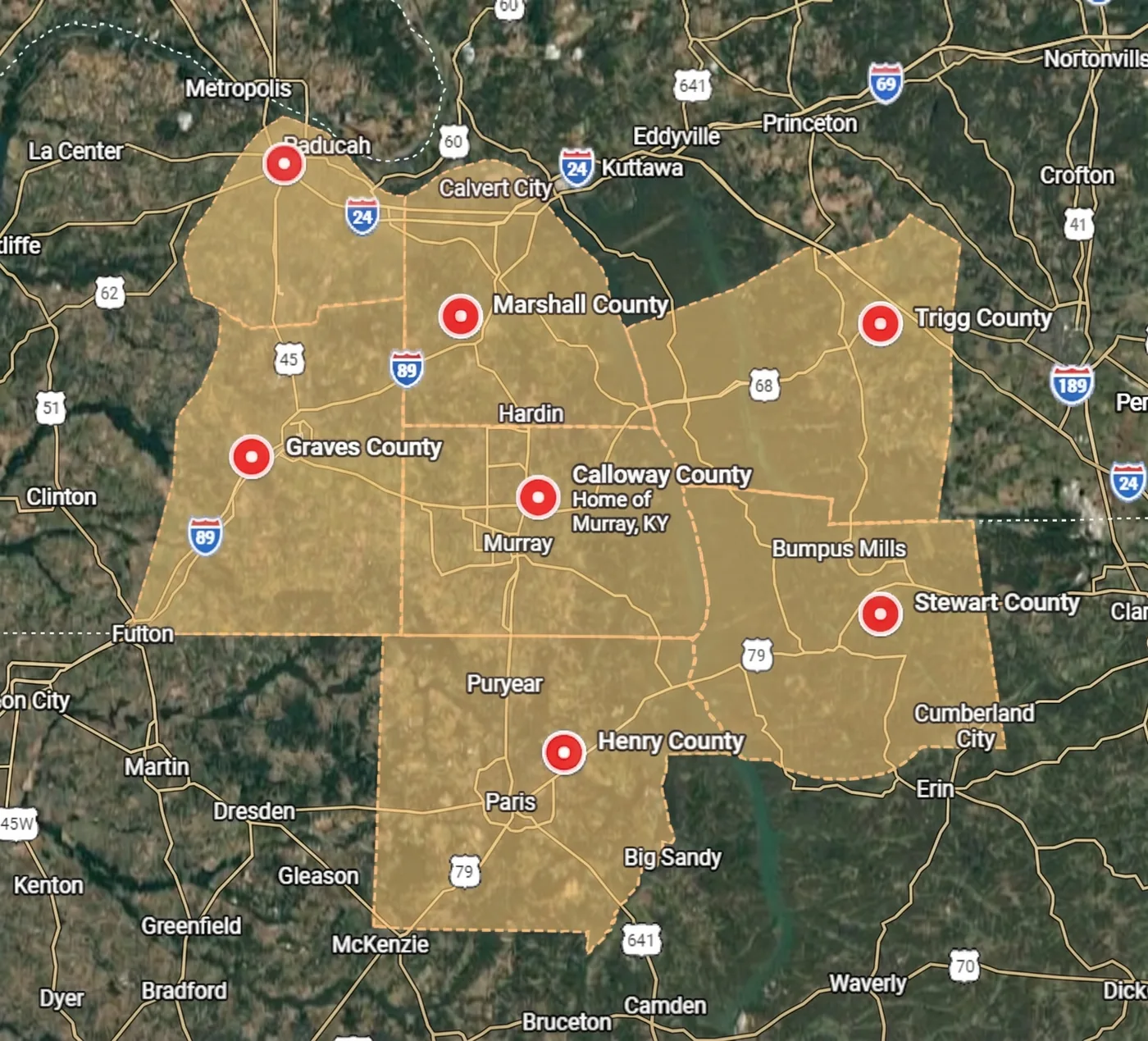Map of Fit Roofing's service area in western Kentucky and northwest Tennessee, covering Calloway County (home of Murray, Kentucky), Marshall County, Graves County, Trigg County, and McCracken County (Paducah) in Kentucky, plus Henry County and Stewart County in Tennessee.